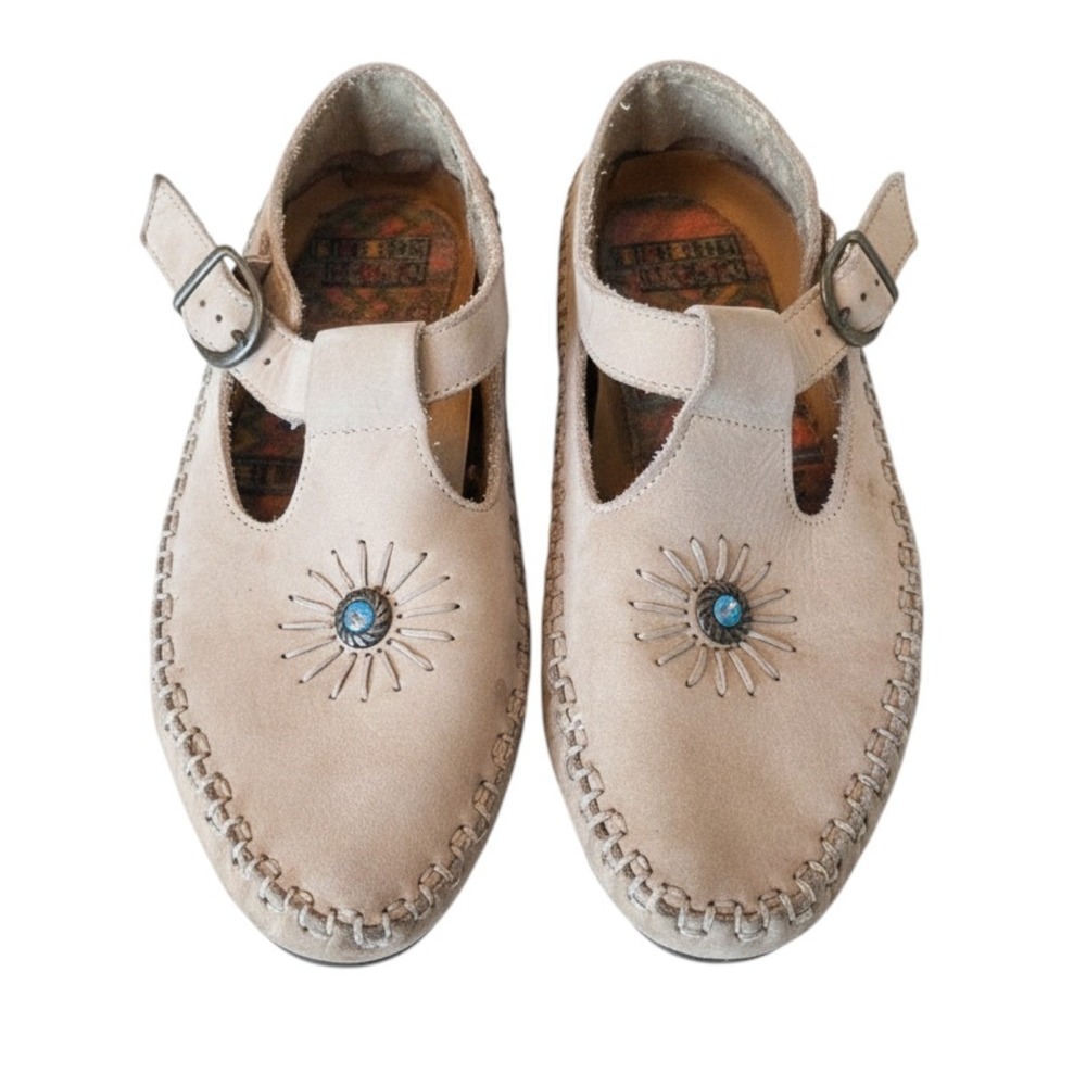 Hush Puppies T-Strap Flat Leather Boho Whipstitch Turquoise Sunburst Tan 8M